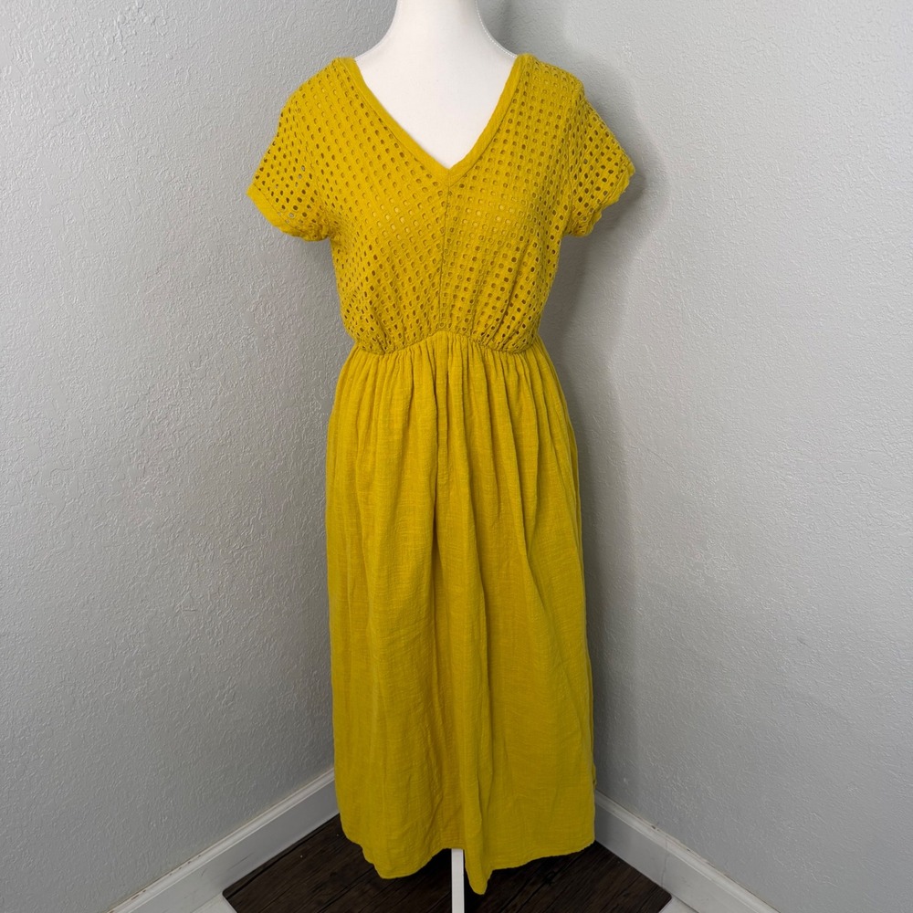 Kaktus Womens Mustard Yellow Eyelet‎ Lace V-Neck Midi Dress Small Boho Gauze